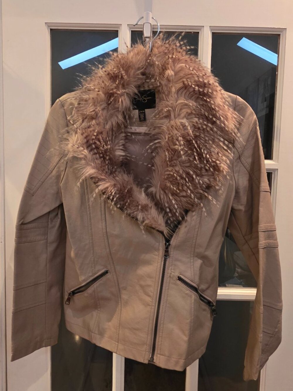 essica Simpson Faux Leather Moto Jacket Faux Fur Collar Taupe L 14–16